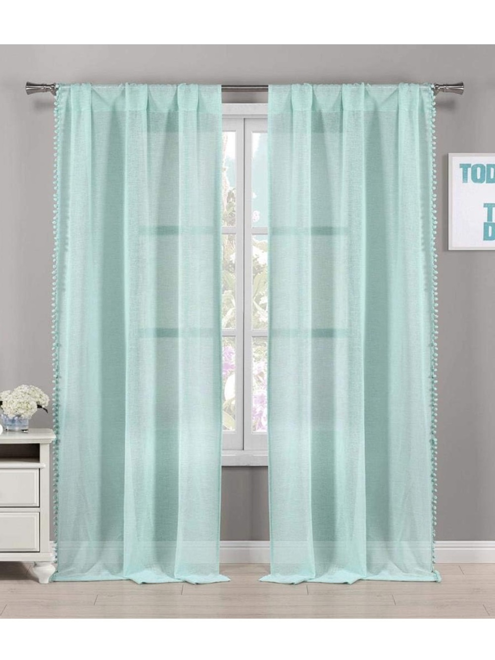 Weave Sheer Pom-Pom Drapery Panel pair  - seafoam green Window Curtains  38x84